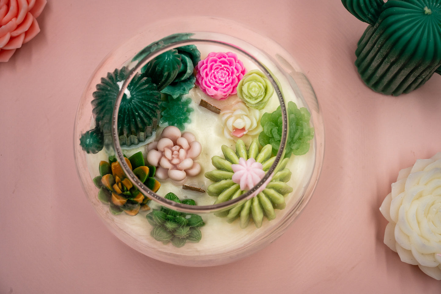 Scented Succulent and Cactus Candle in Clear Round Glass Vase with Double Wood Wicks