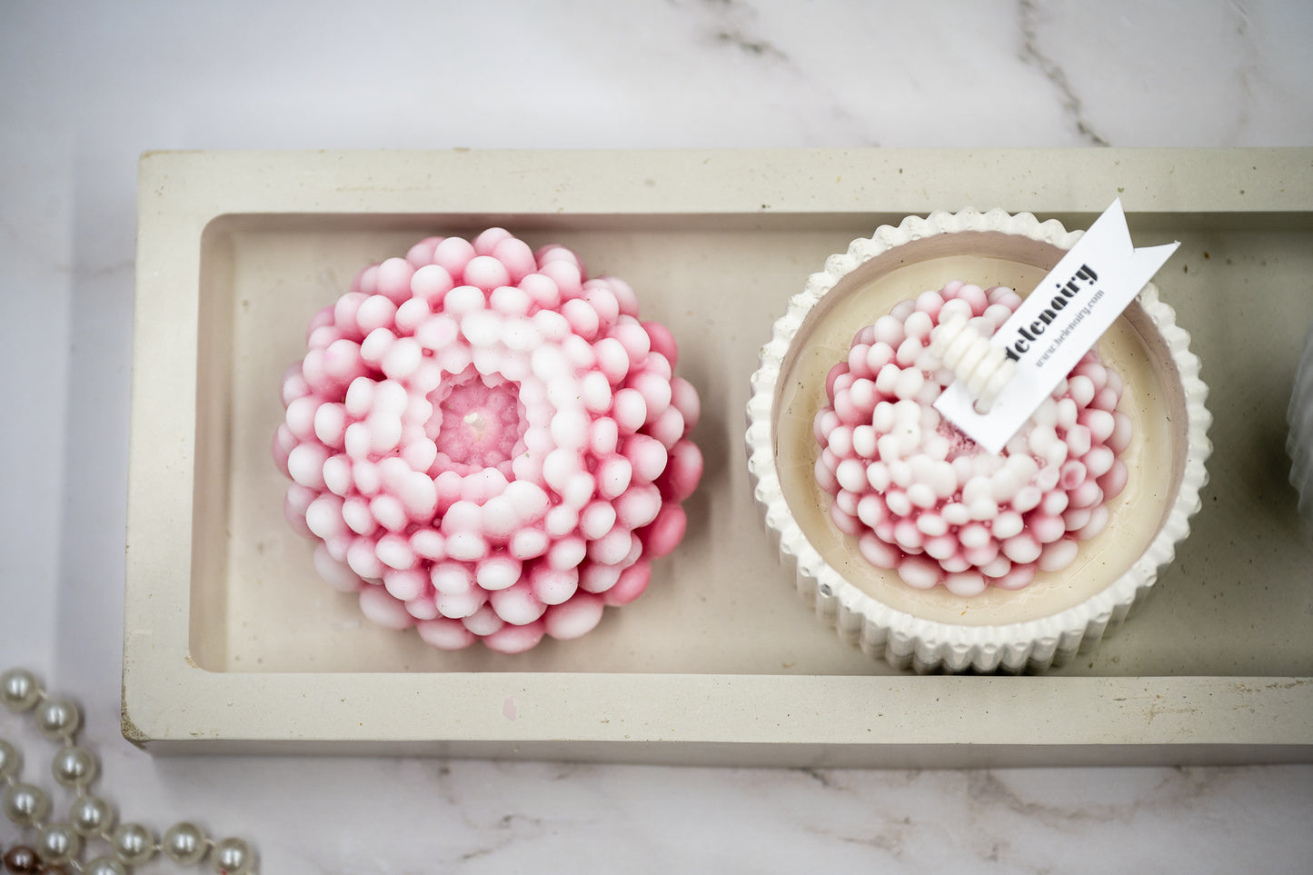 6 Pcs Chrysanthemum (Large + Small) Flower Candle in Handmade Concrete Jars (Tall + Short) Rectangular Tray