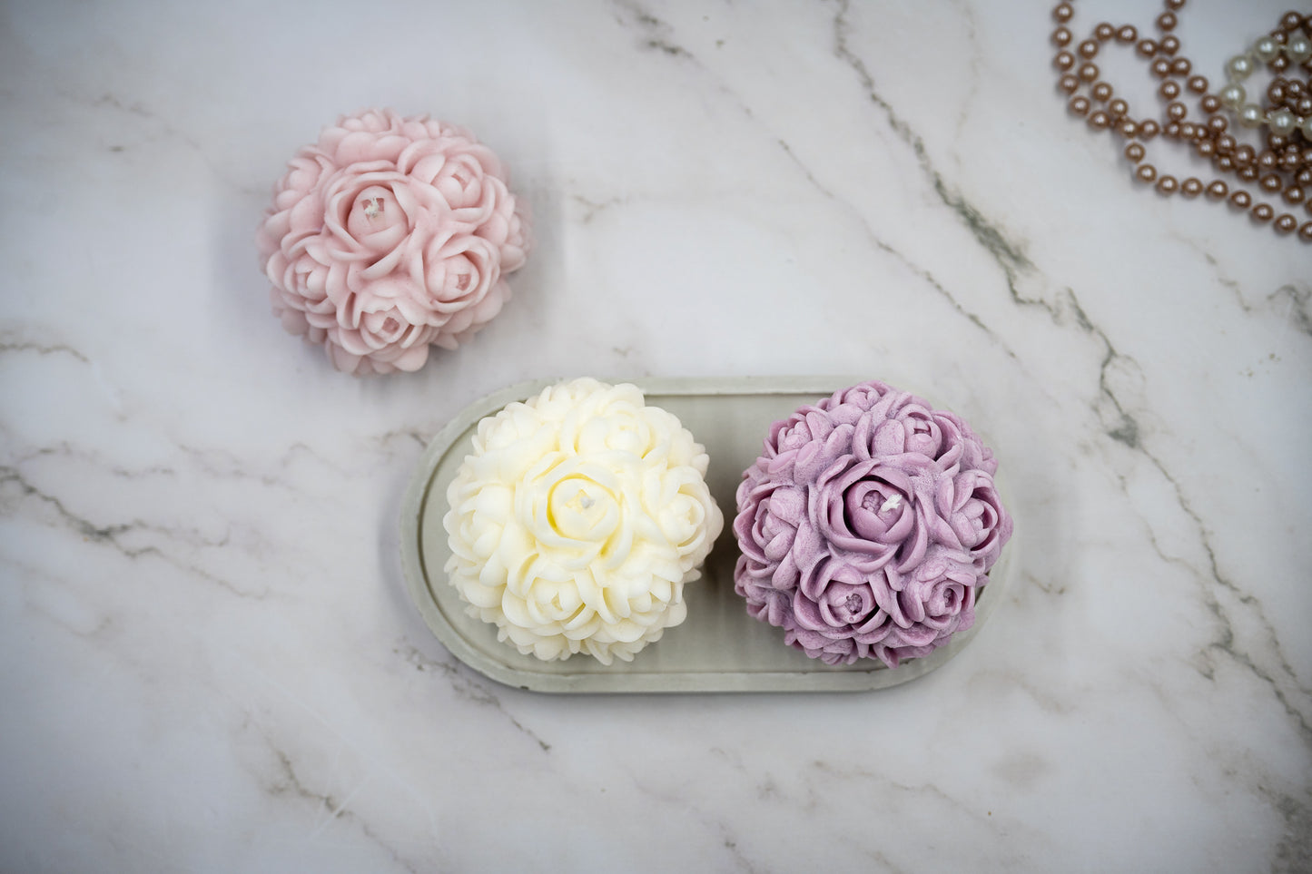 3 Piece Combo: Handmade Oval White Concrete Tray + 2 Scented Blend Wax Rose Flower Ball Cotton Wax Candles