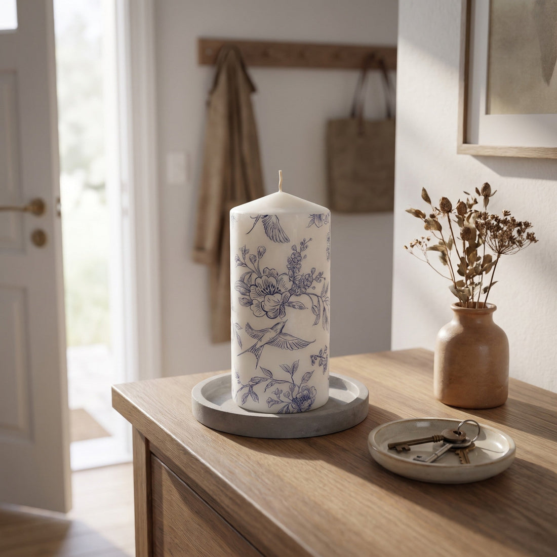 Blue and white chinoiserie pillar candle on a concrete tray on a wooden entryway table, with dried flowers and keys