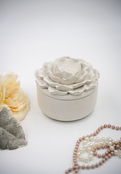 Handmade Concrete Camellia Flower Lid Candle Jar Jewelry Box with Scented Soy Wax Refill Candle