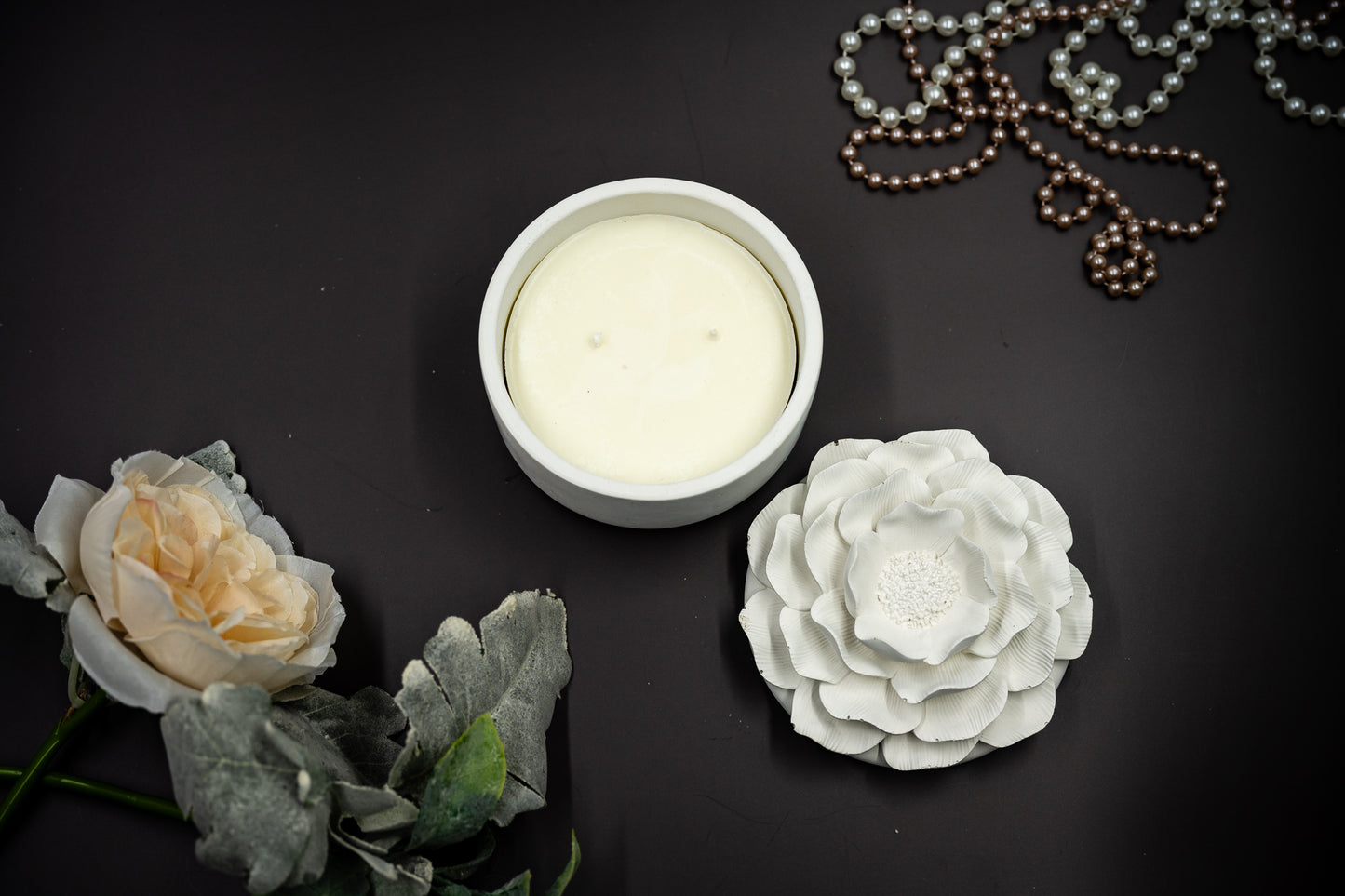 Handmade Concrete Camellia Flower Lid Candle Jar Jewelry Box with Scented Soy Wax Refill Candle