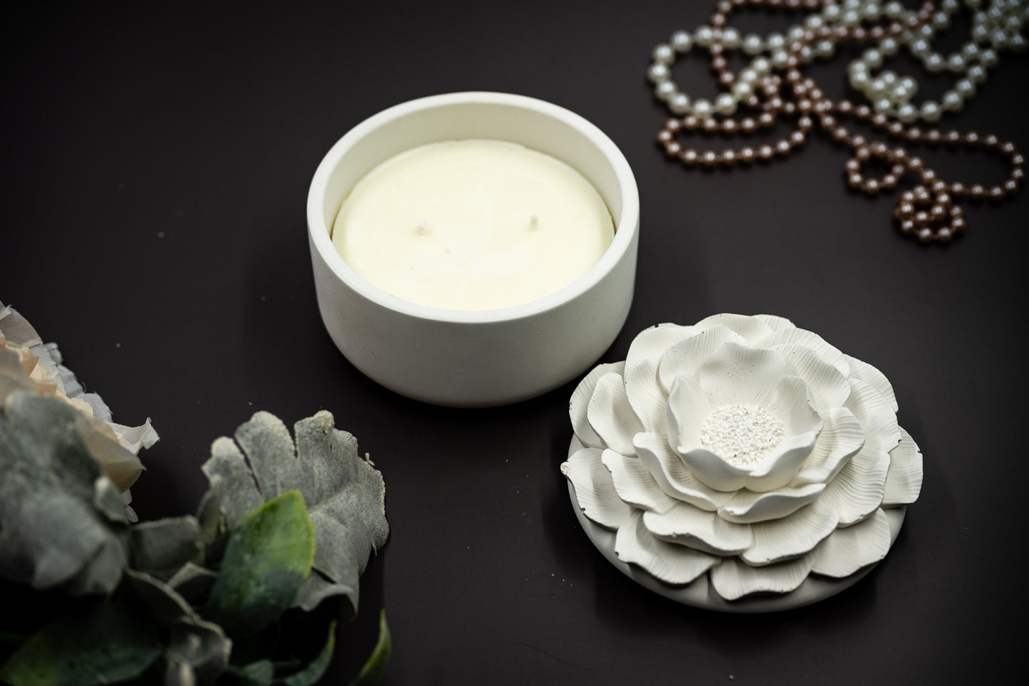 Handmade Concrete Camellia Flower Lid Candle Jar Jewelry Box with White Sage and Lavender Scented Soy Wax Refill Candle