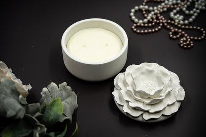 Handmade Concrete Camellia Flower Lid Candle Jar Jewelry Box with White Sage and Lavender Scented Soy Wax Refill Candle