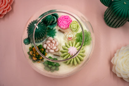 Scented Succulent and Cactus Candle in Clear Round Glass Vase with Double Wood Wicks