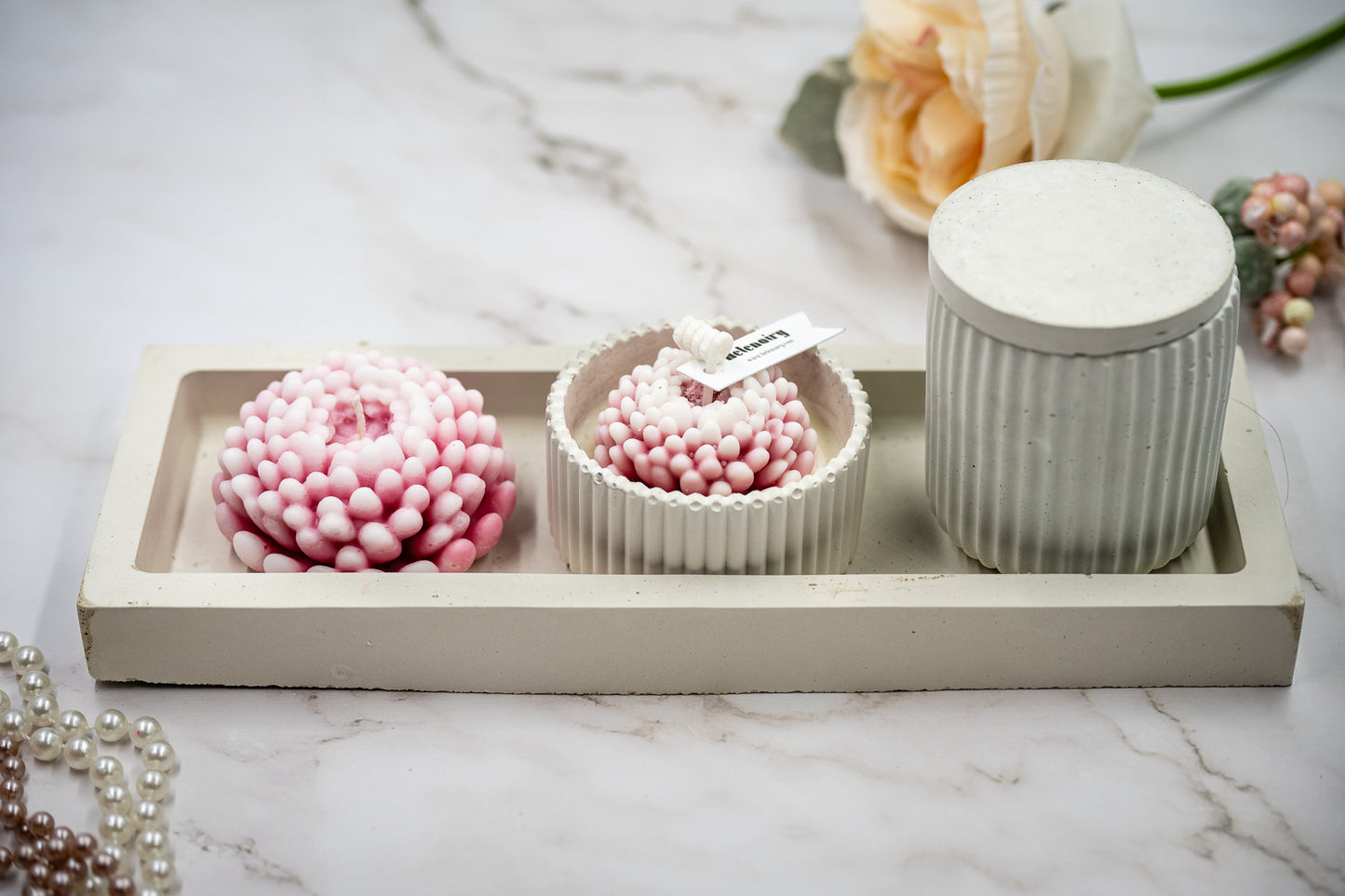 6 Pcs Chrysanthemum (Large + Small) Flower Candle in Handmade Concrete Jars  (Tall + Short) Rectangular Tray