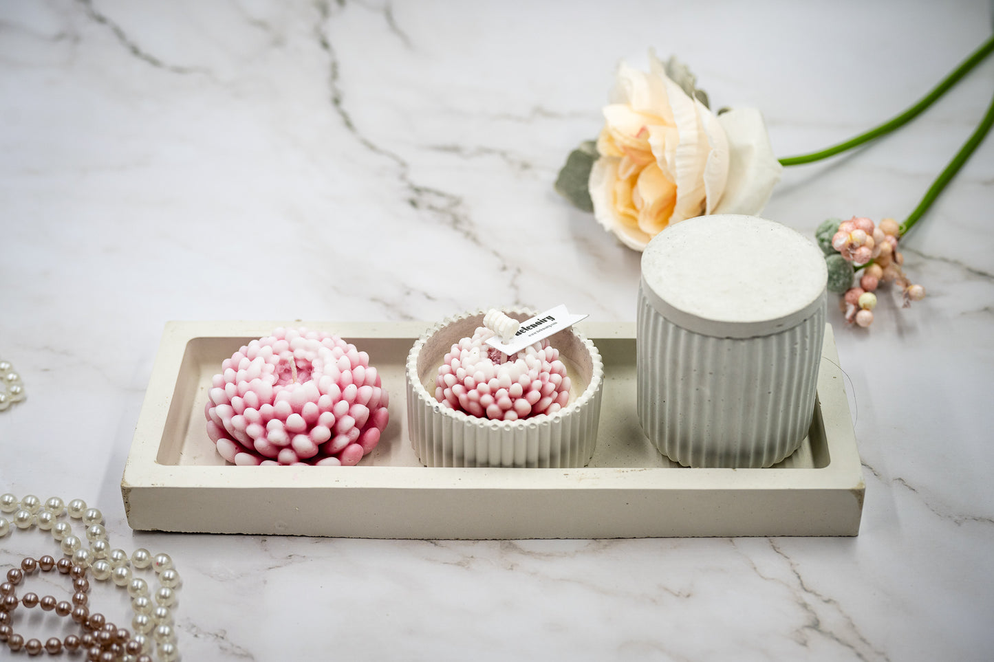6 Pcs Chrysanthemum (Large + Small) Flower Candle in Handmade Concrete Jars  (Tall + Short) Rectangular Tray
