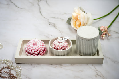 6 Pcs Chrysanthemum (Large + Small) Flower Candle in Handmade Concrete Jars  (Tall + Short) Rectangular Tray
