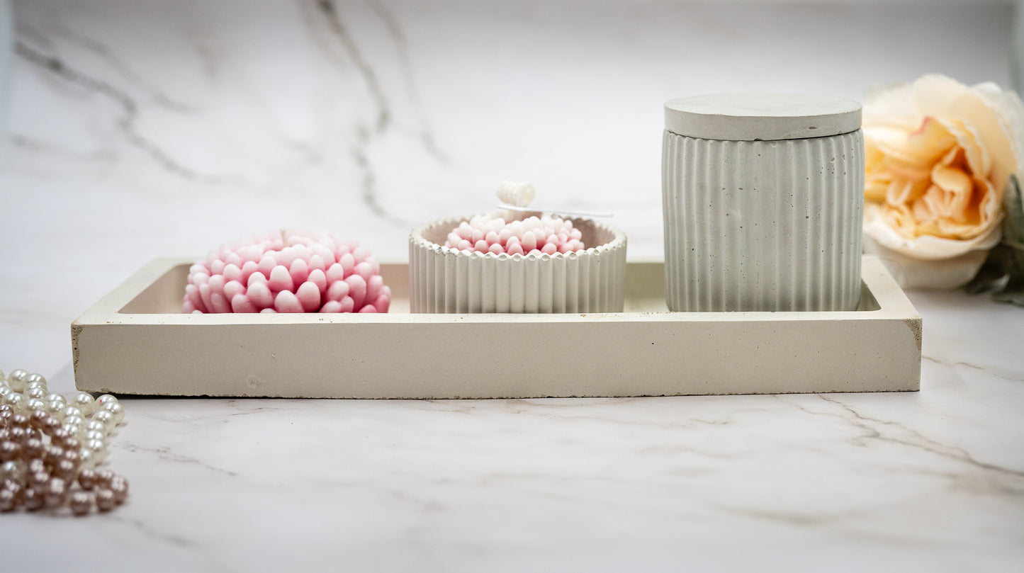 6 Pcs Chrysanthemum (Large + Small) Flower Candle in Handmade Concrete Jars  (Tall + Short) Rectangular Tray