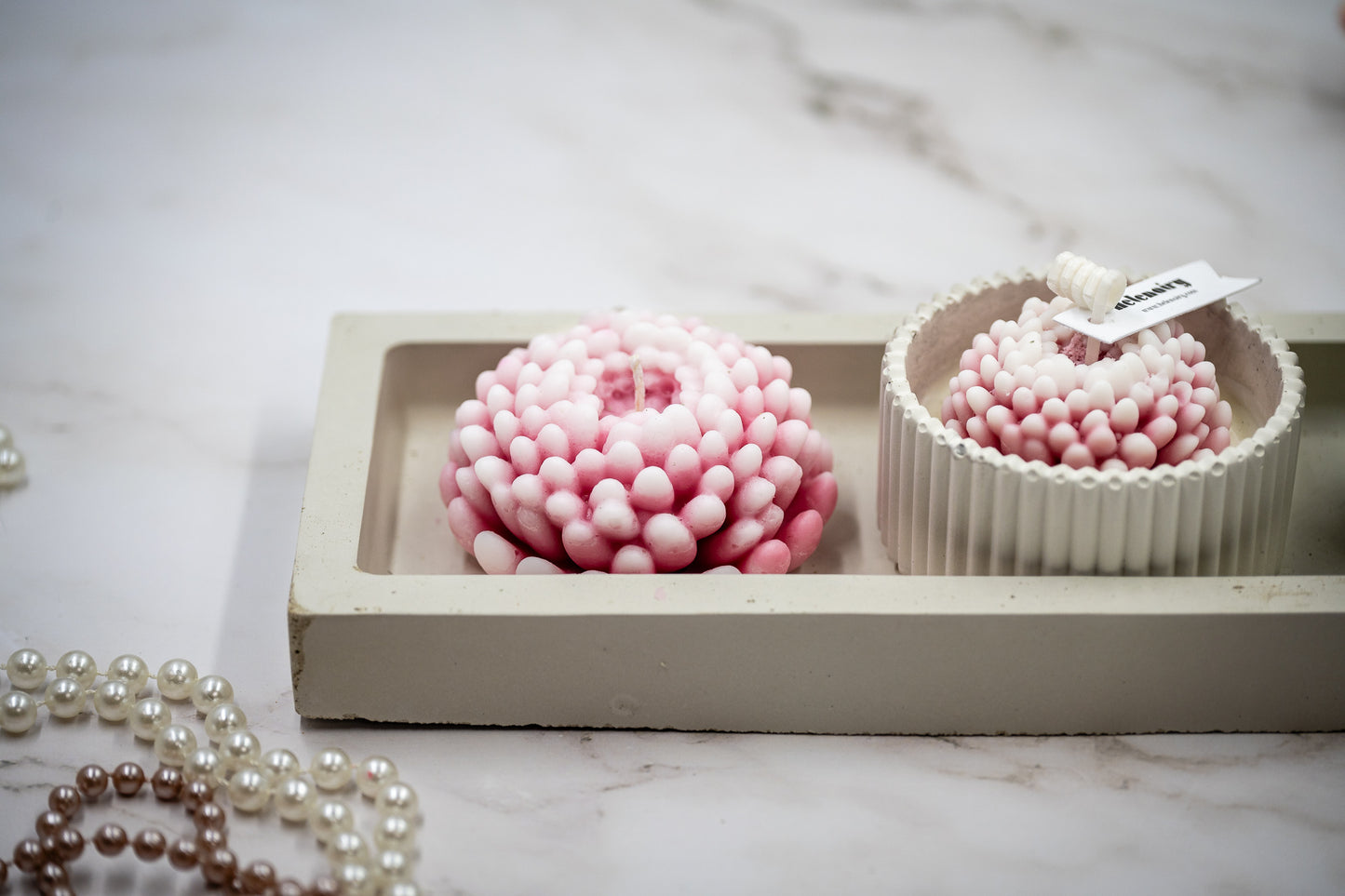 6 Pcs Chrysanthemum (Large + Small) Flower Candle in Handmade Concrete Jars  (Tall + Short) Rectangular Tray