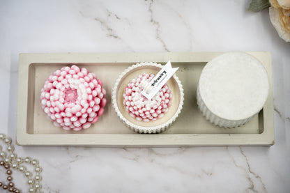 6 Pcs Chrysanthemum (Large + Small) Flower Candle in Handmade Concrete Jars  (Tall + Short) Rectangular Tray