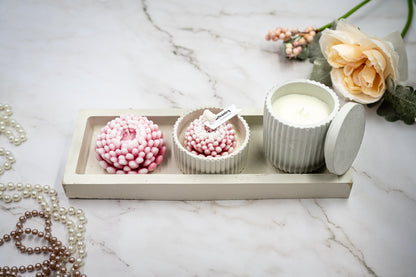 6 Pcs Chrysanthemum (Large + Small) Flower Candle in Handmade Concrete Jars  (Tall + Short) Rectangular Tray