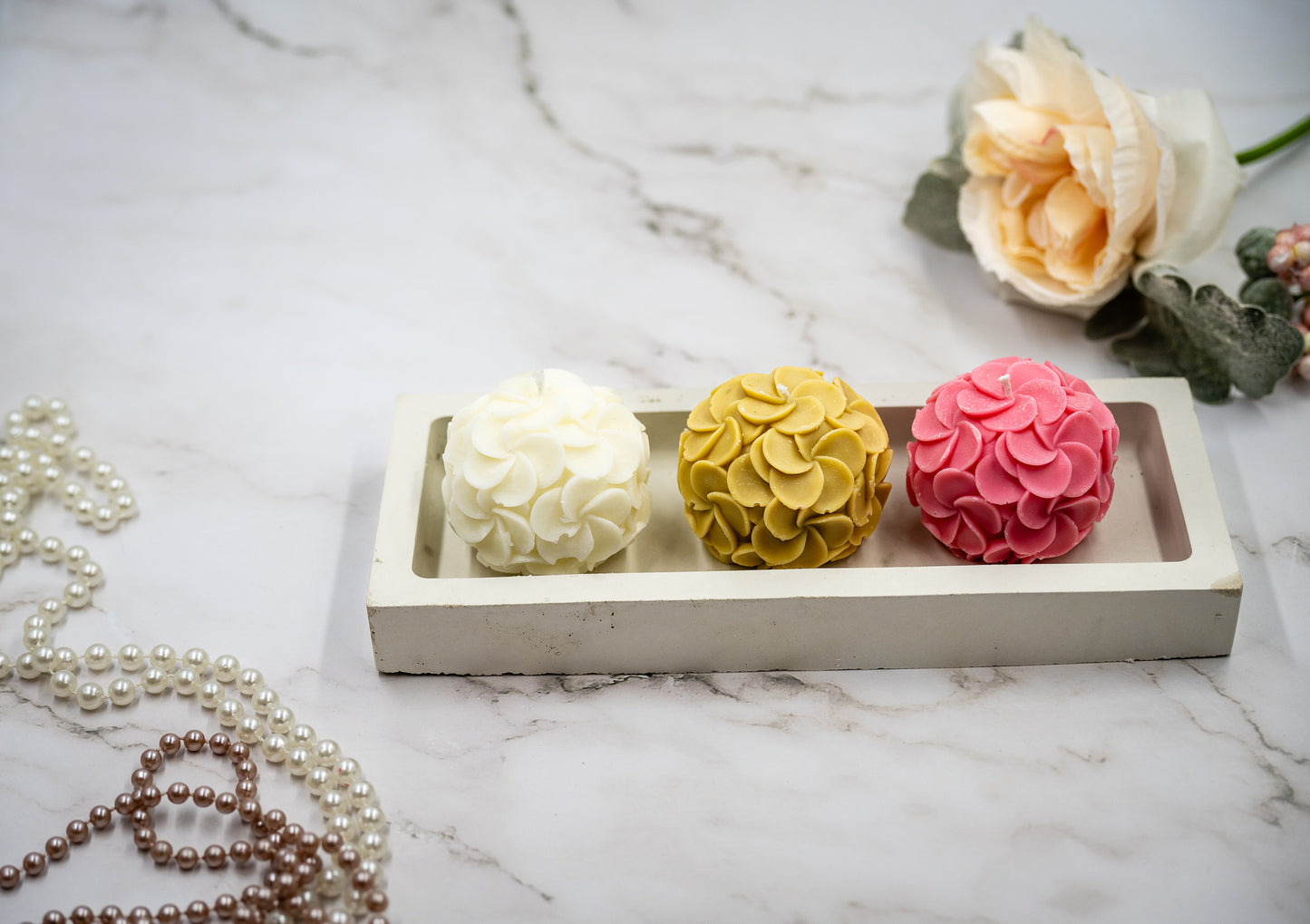 Triple Scented Hydrangeas Floral Candle in Handmade Concrete Rectangle Tray