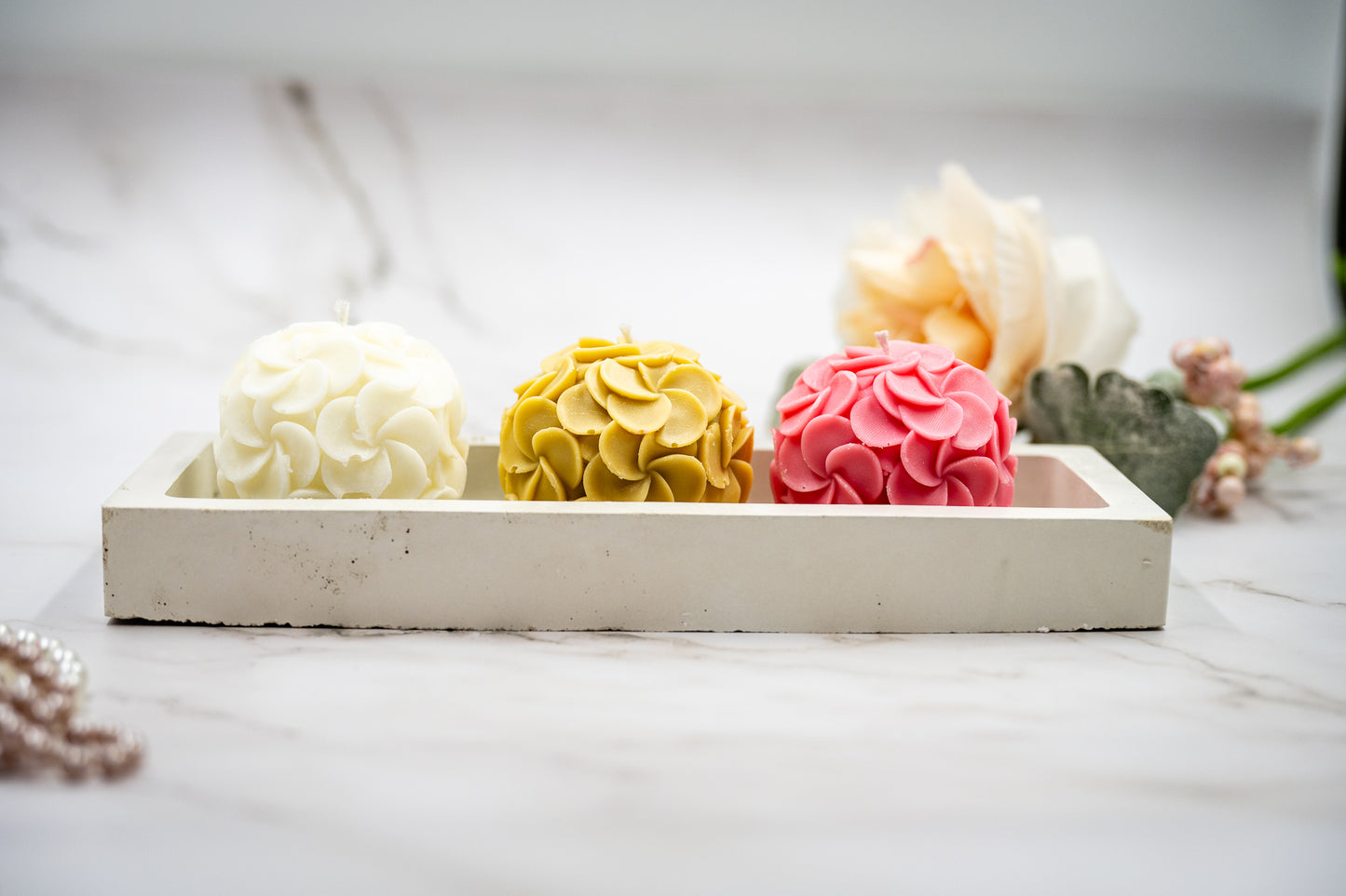 Triple Scented Hydrangeas Floral Candle in Handmade Concrete Rectangle Tray