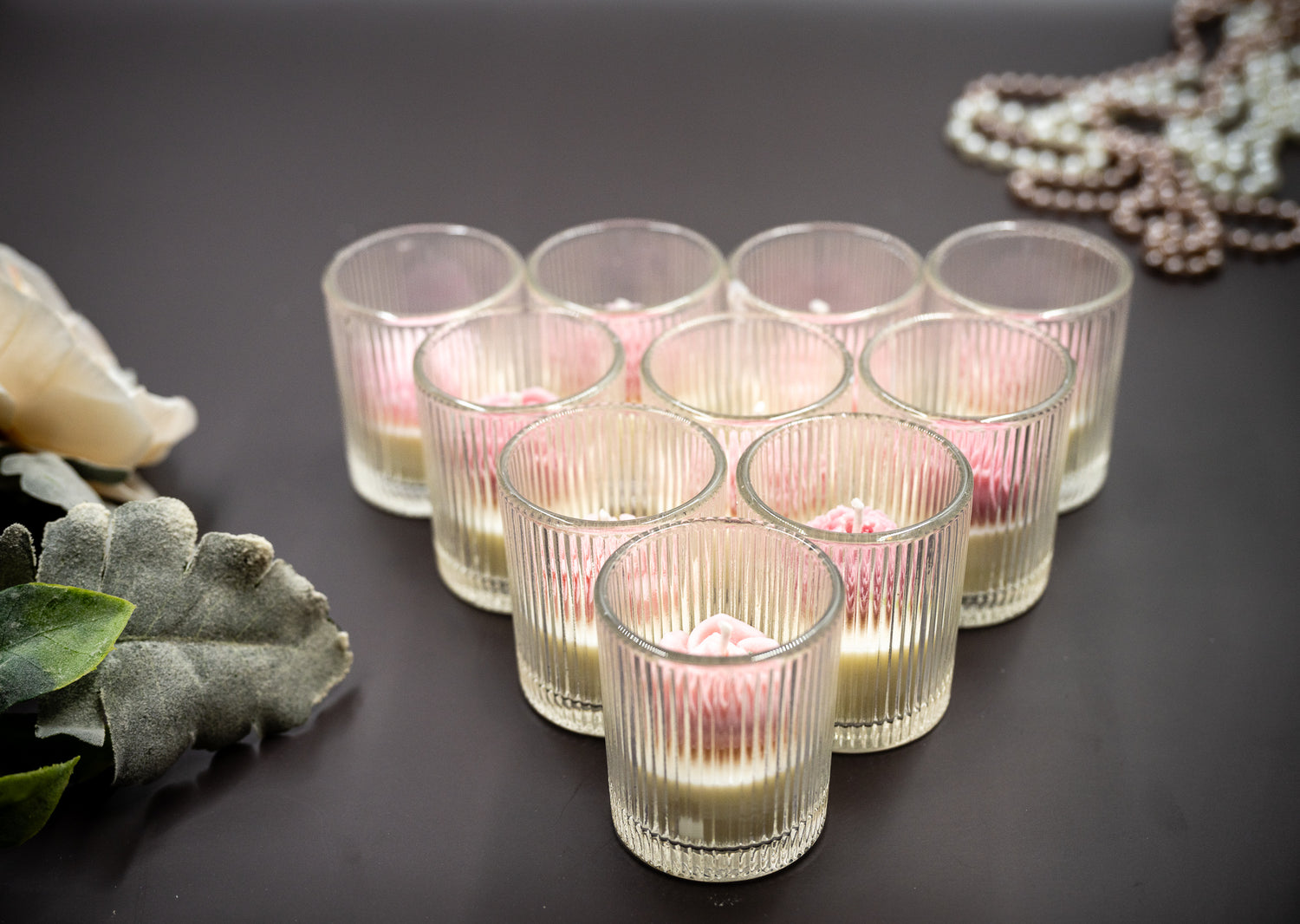 Scented Soy Wax Candle in Ribbed Clear Votive & Tea Light Glass Holder topped with Sorted Blush Pink Flowers