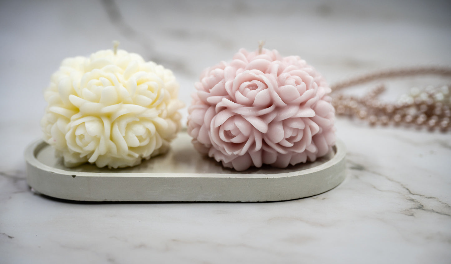 3 Piece Combo: Handmade Oval White Concrete Tray + 2 Scented Blend Wax Rose Flower Ball Cotton Wax Candles