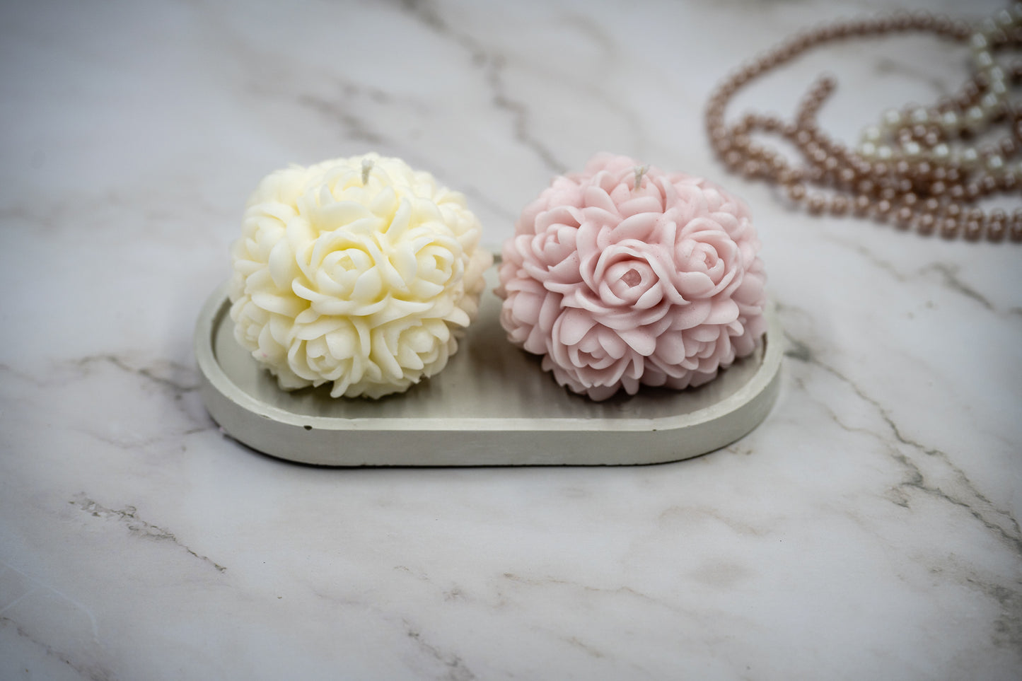 3 Piece Combo: Handmade Oval White Concrete Tray + 2 Scented Blend Wax Rose Flower Ball Cotton Wax Candles
