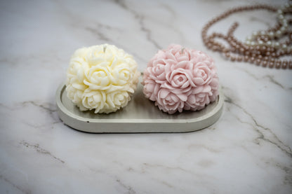 3 Piece Combo: Handmade Oval White Concrete Tray + 2 Scented Blend Wax Rose Flower Ball Cotton Wax Candles