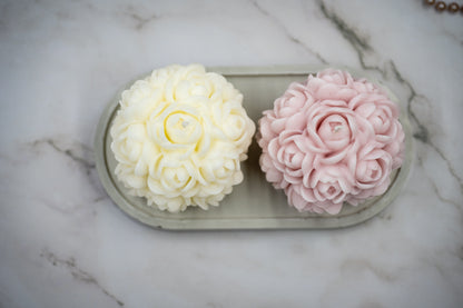3 Piece Combo: Handmade Oval White Concrete Tray + 2 Scented Blend Wax Rose Flower Ball Cotton Wax Candles