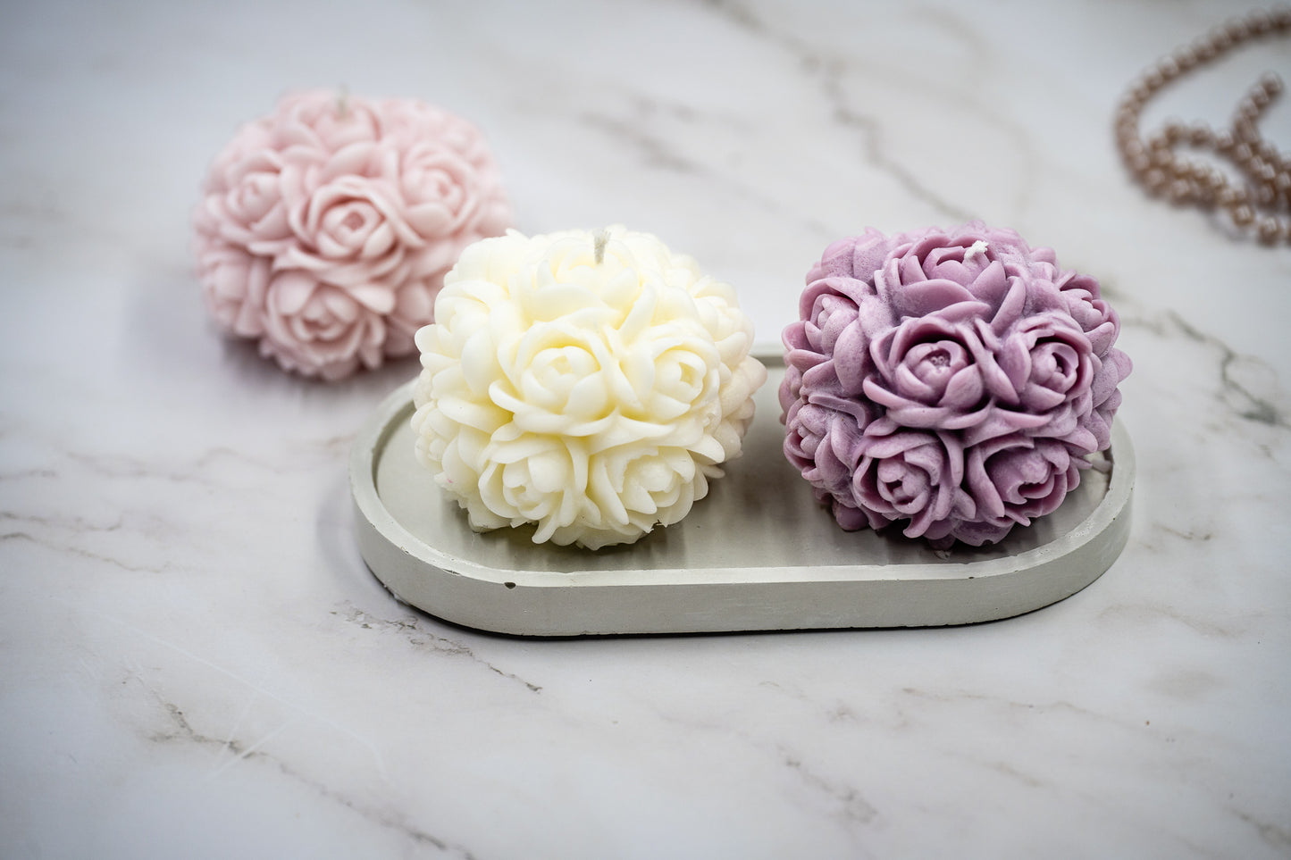 3 Piece Combo: Handmade Oval White Concrete Tray + 2 Scented Blend Wax Rose Flower Ball Cotton Wax Candles