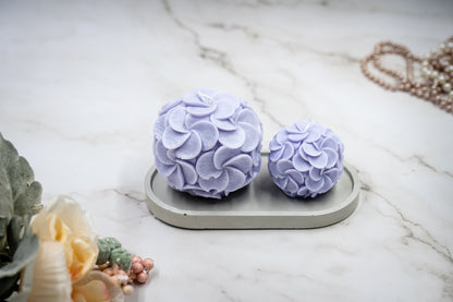 Handmade 3 Piece Combo: White Oval Concrete Tray + Scented Blend Wax Hydrangea Flower Ball Cotton Wick Candles