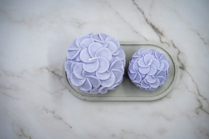 Handmade 3 Piece Combo: White Oval Concrete Tray + Scented Blend Wax Hydrangea Flower Ball Cotton Wick Candles