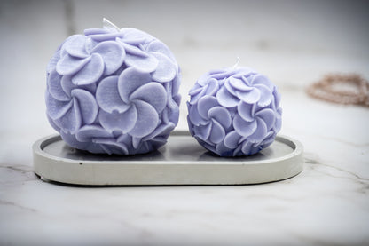 Handmade 3 Piece Combo: White Oval Concrete Tray + Scented Blend Wax Hydrangea Flower Ball Cotton Wick Candles