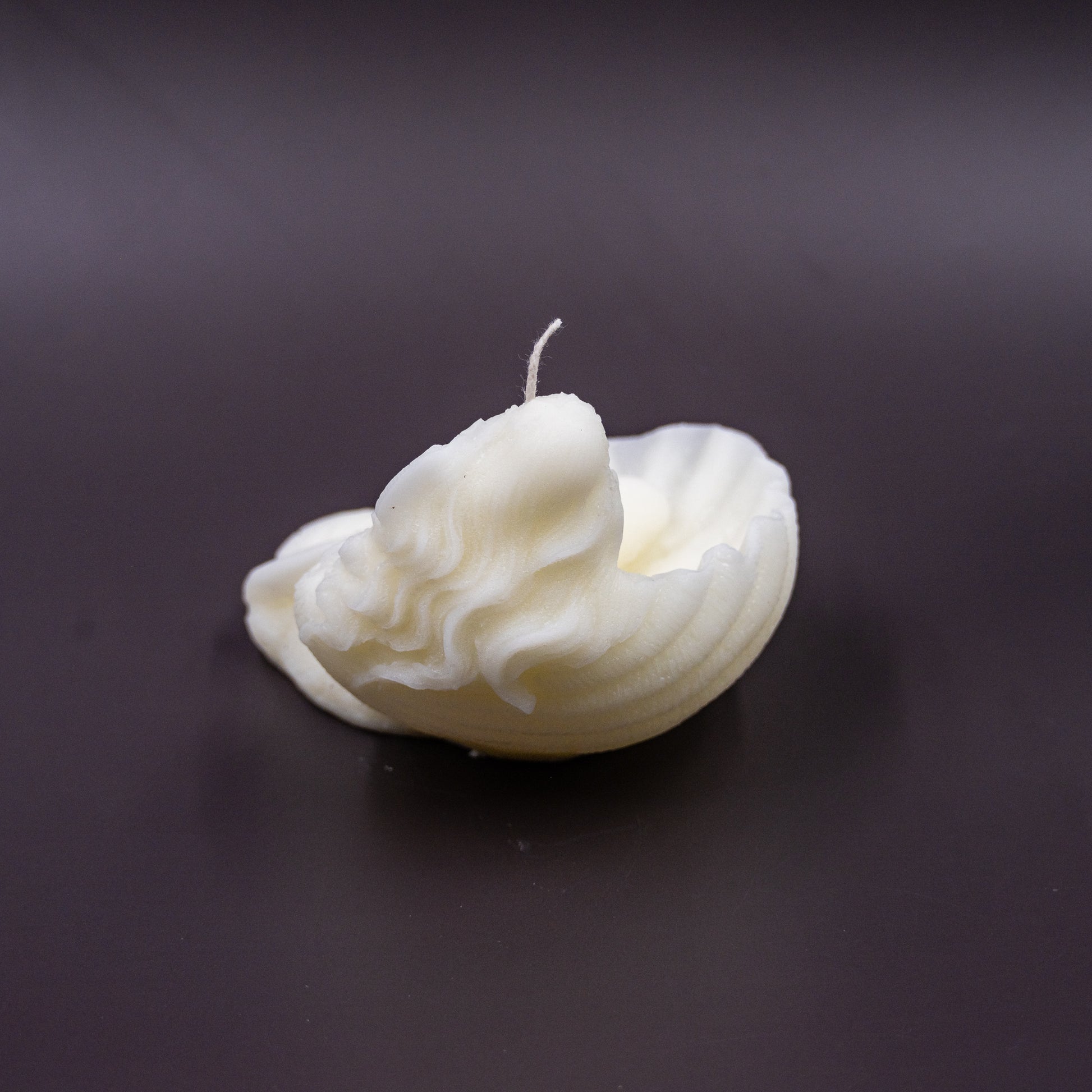 The candle features an intricate, whimsical sculpture of a serene mermaid nestled in or wrapped around a spiral seashell, designed to add a serene, romantic, storybook or coastal charm to any space.