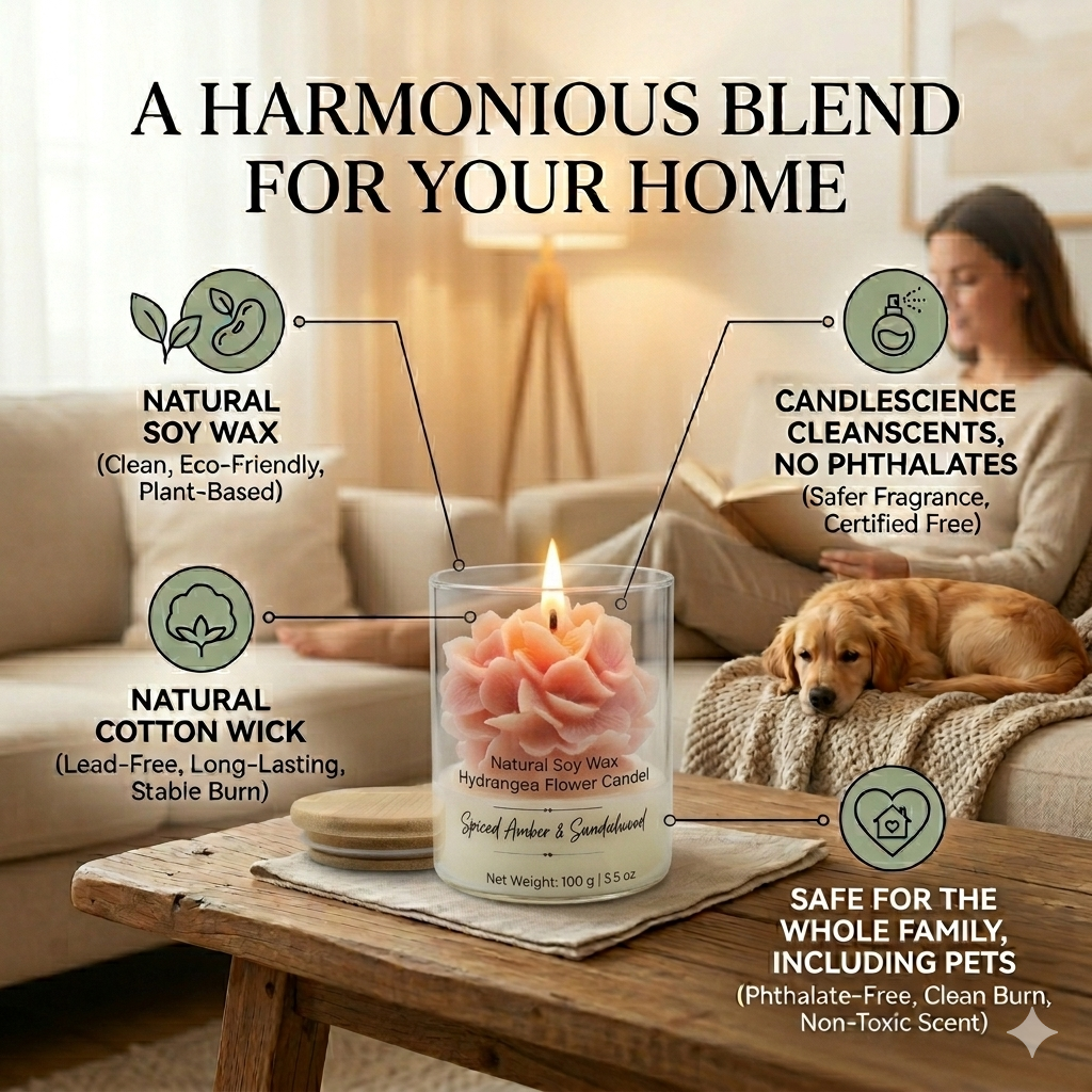 Benefits of Helenairy hand-poured pink hydrangea soy candle – clean burn lead-free wick