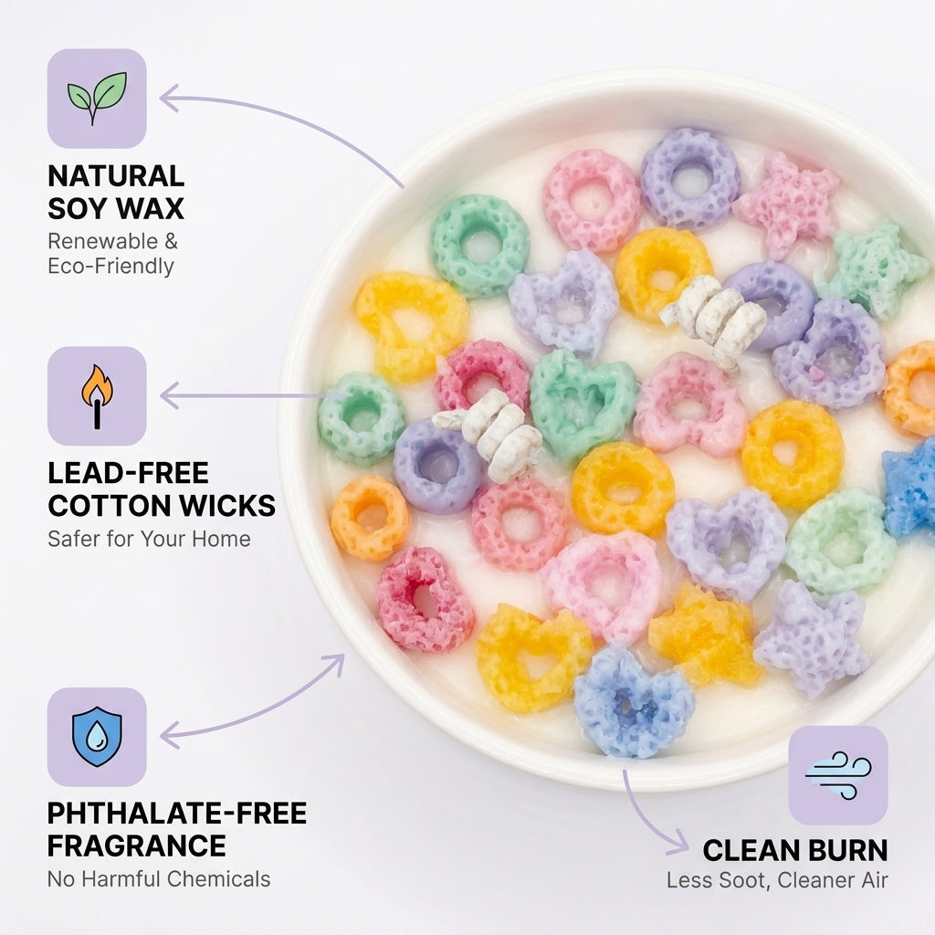 Colorful ring-shaped candles in a white dish with eco-friendly product features highlighted.