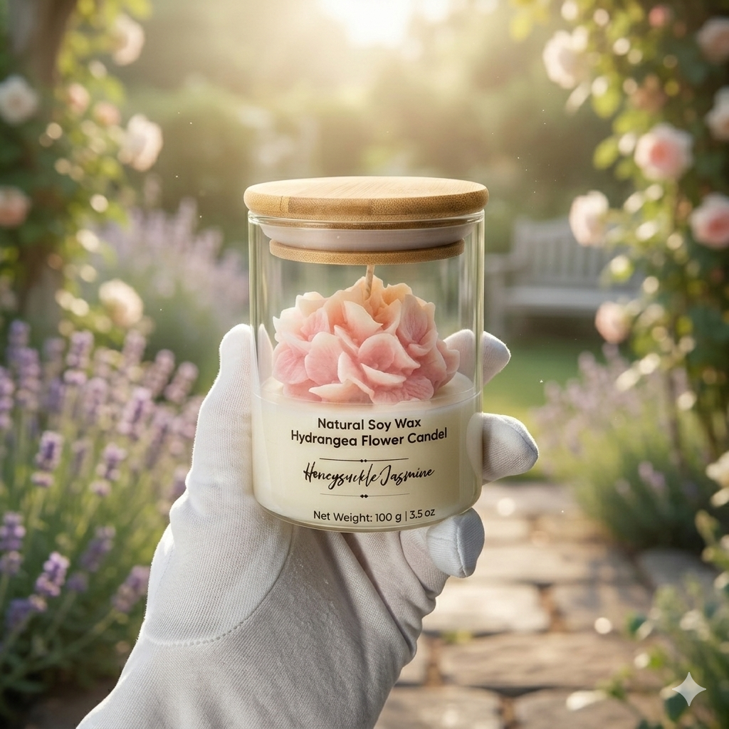 Dimensions of Helenairy pink hydrangea candle – 2.5 inch diameter 3.5 inch height
