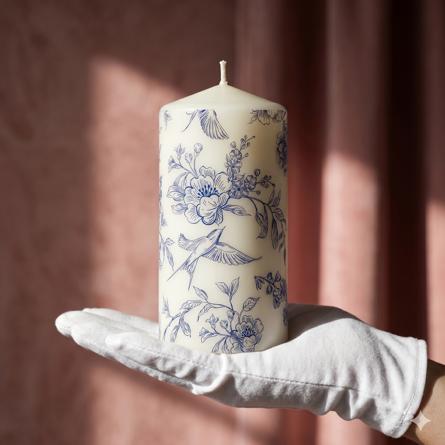 Handmade Vintage Floral Pillar Candle | Chinoiserie Blue Peony & Bird | 3×6 Inch | Unscented