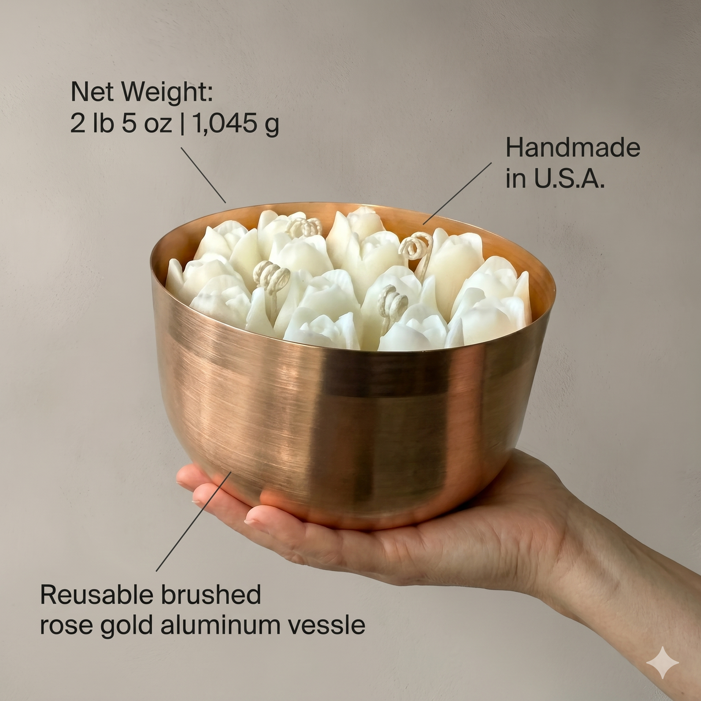 Handmade White Tulip Soy Candle | 40 oz Brushed Rose Gold Vessel | Mahogany Teakwood