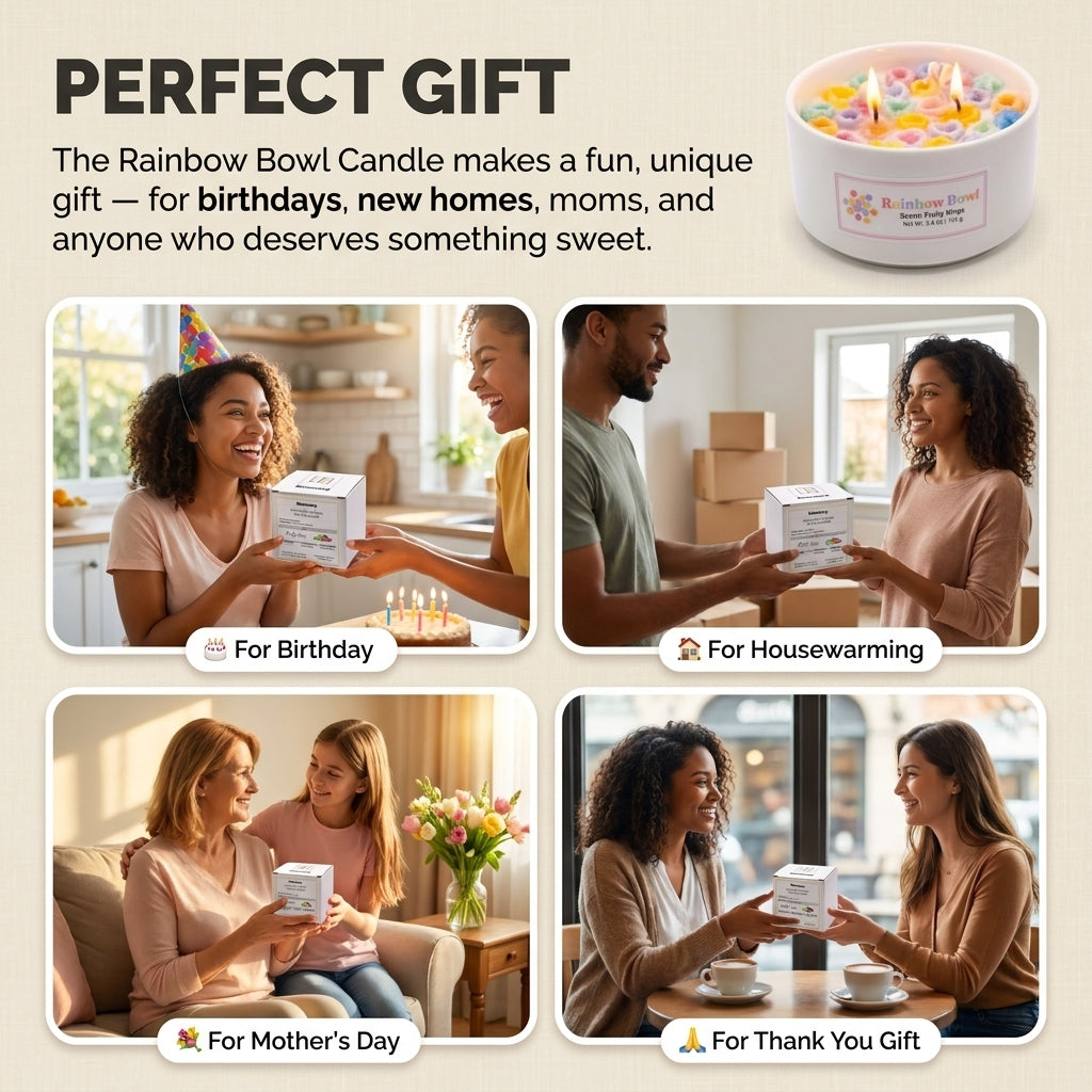Promotional image of a Rainbow Bowl Candle with scenarios for gift-giving occasions.