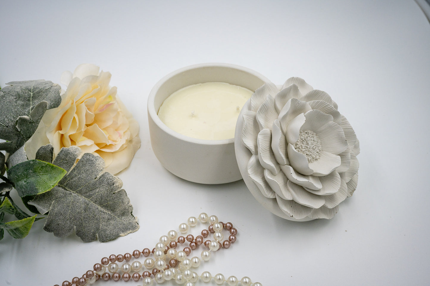 Handmade Concrete Camellia Flower Lid Candle Jar Jewelry Box with Scented Soy Wax Refill Candle