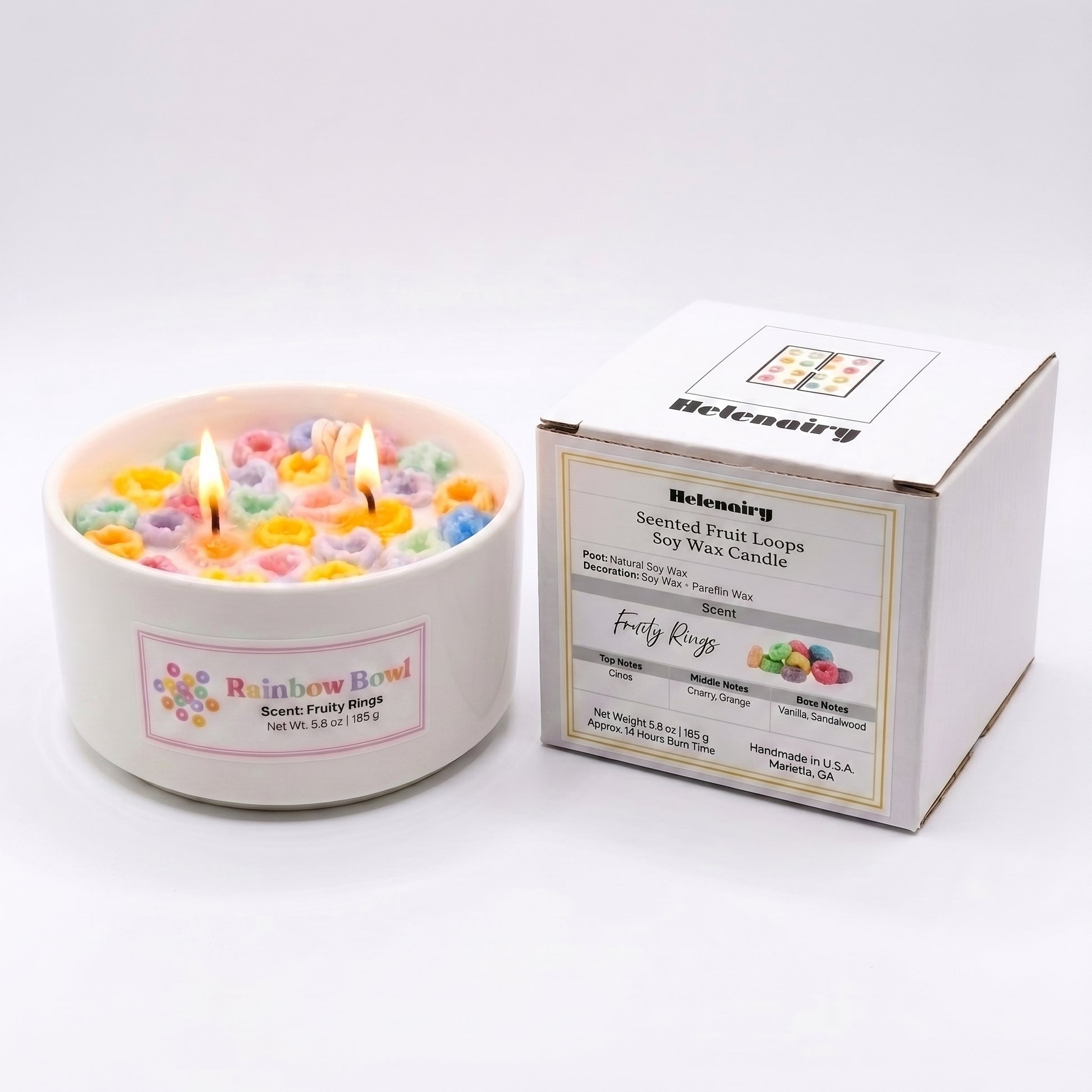 Scented fruit loops candle with packaging on a white background