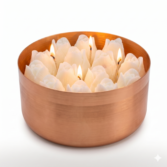 Handmade White Tulip Soy Candle | 40 oz Brushed Rose Gold Vessel | Mahogany Teakwood
