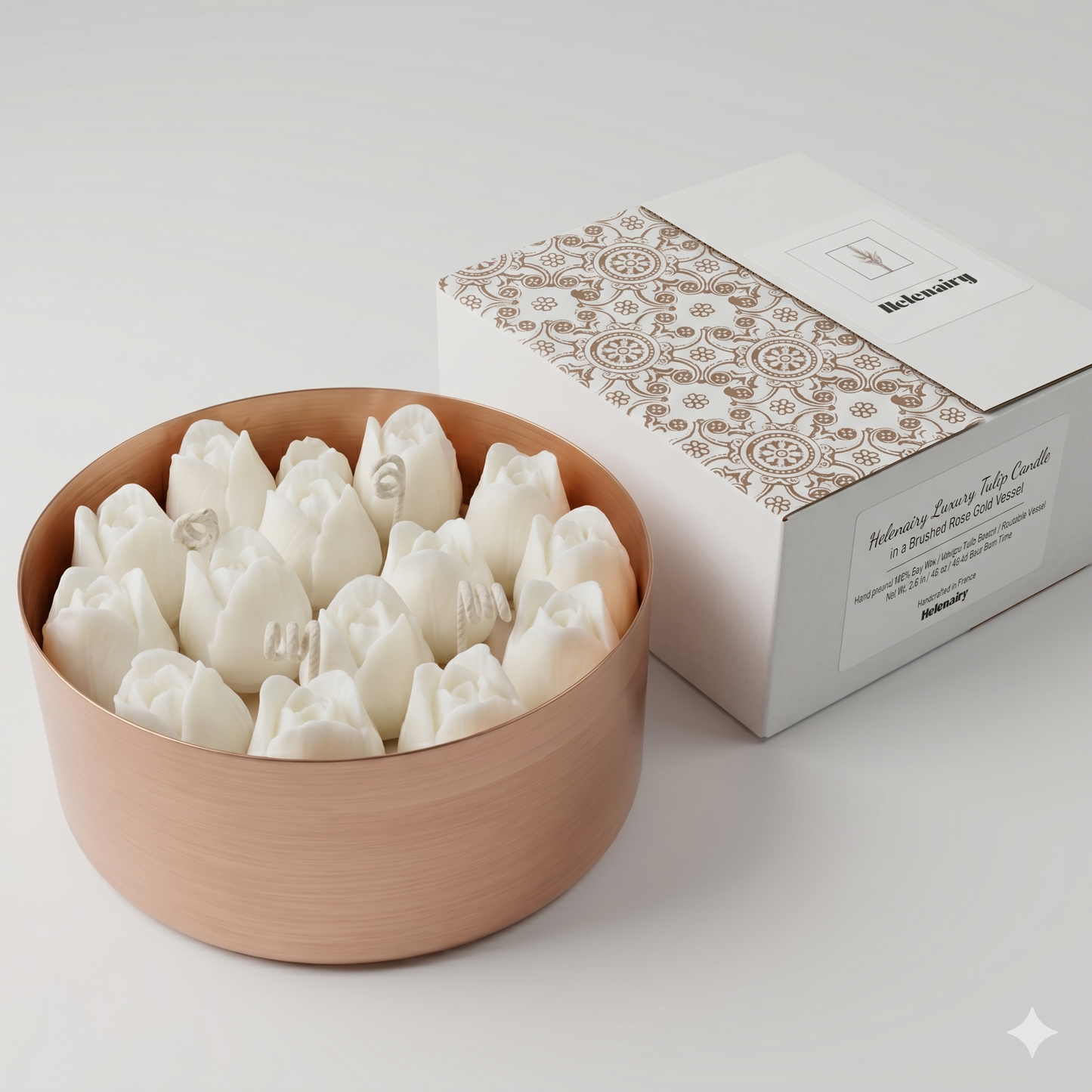 Handmade White Tulip Soy Candle | 40 oz Brushed Rose Gold Vessel | Mahogany Teakwood