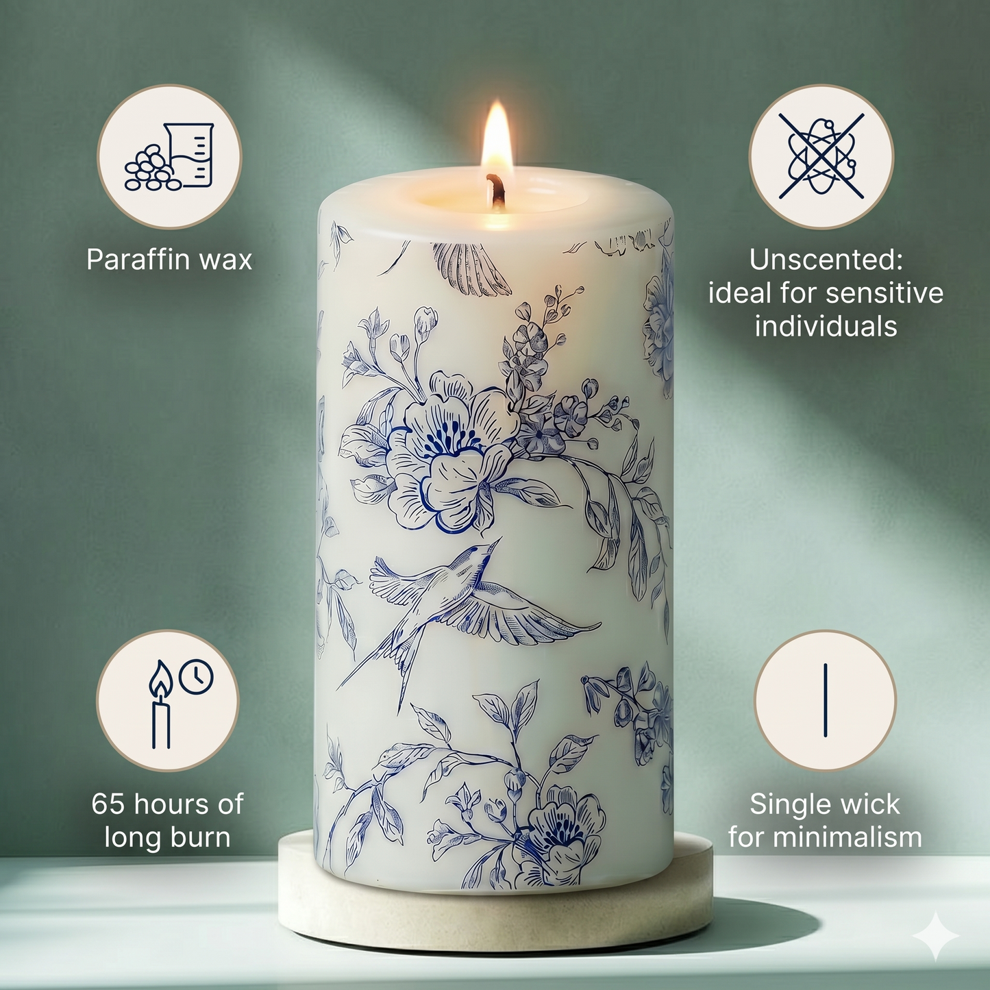Handmade Vintage Floral Pillar Candle | Chinoiserie Blue Peony & Bird | 3×6 Inch | Unscented