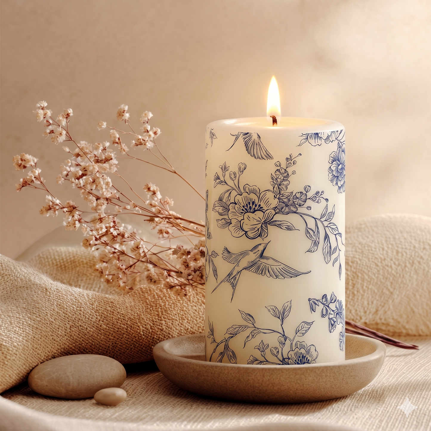 Handmade Vintage Floral Pillar Candle | Chinoiserie Blue Peony & Bird | 3×6 Inch | Unscented