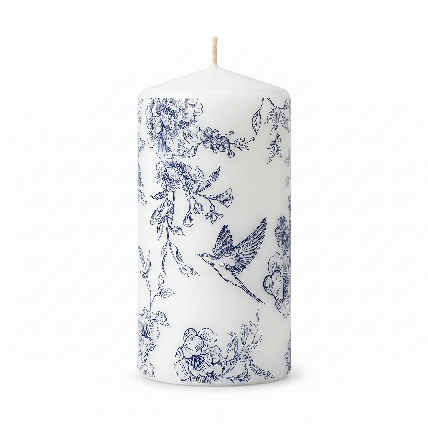 Handmade Vintage Floral Pillar Candle | Chinoiserie Blue Peony & Bird | 3×6 Inch | Unscented