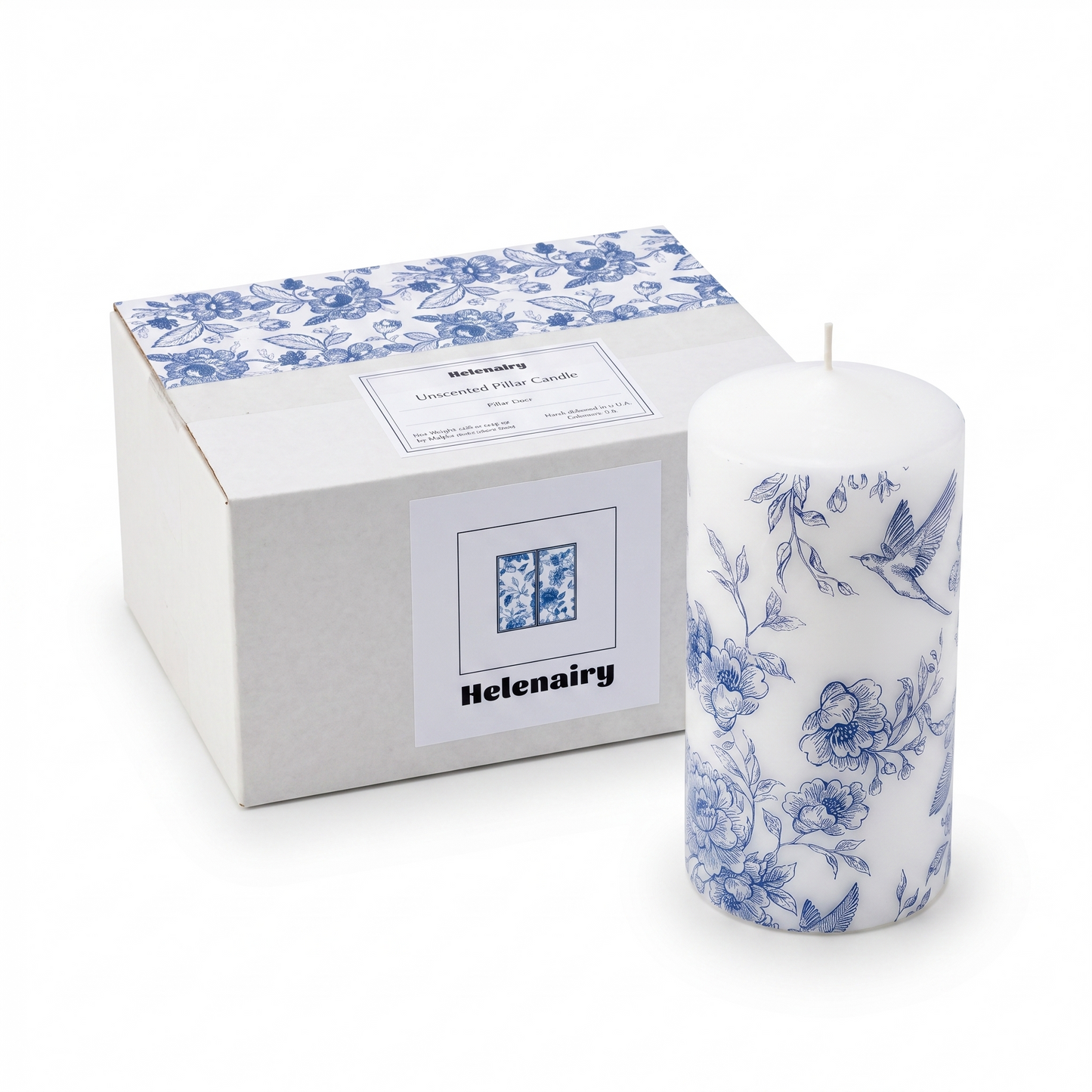 Handmade Vintage Floral Pillar Candle | Chinoiserie Blue Peony & Bird | 3×6 Inch | Unscented