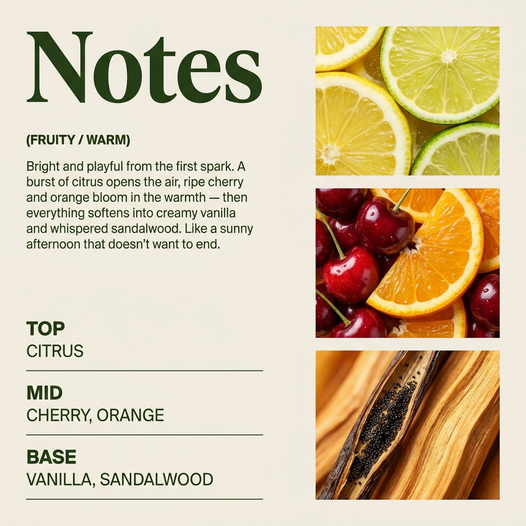 Product description with images of citrus fruits, cherries, and vanilla beans on a beige background.