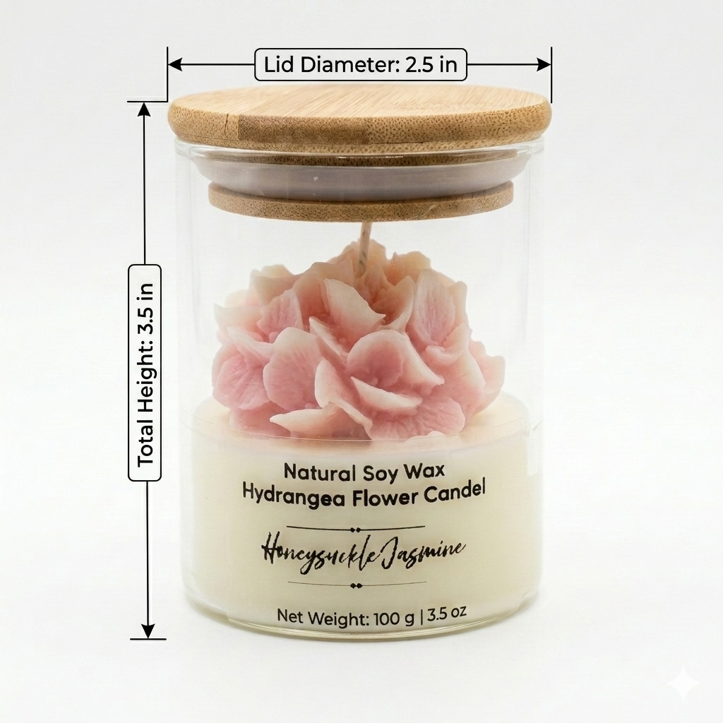 Size guide for Helenairy pink hydrangea soy candle – 7oz glass jar