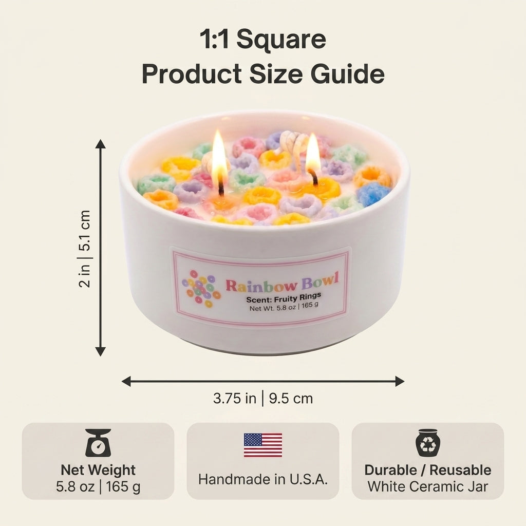 White ceramic jar candle with colorful flowers labeled 'Rainbow Bowl' on a beige background with product dimensions and features.