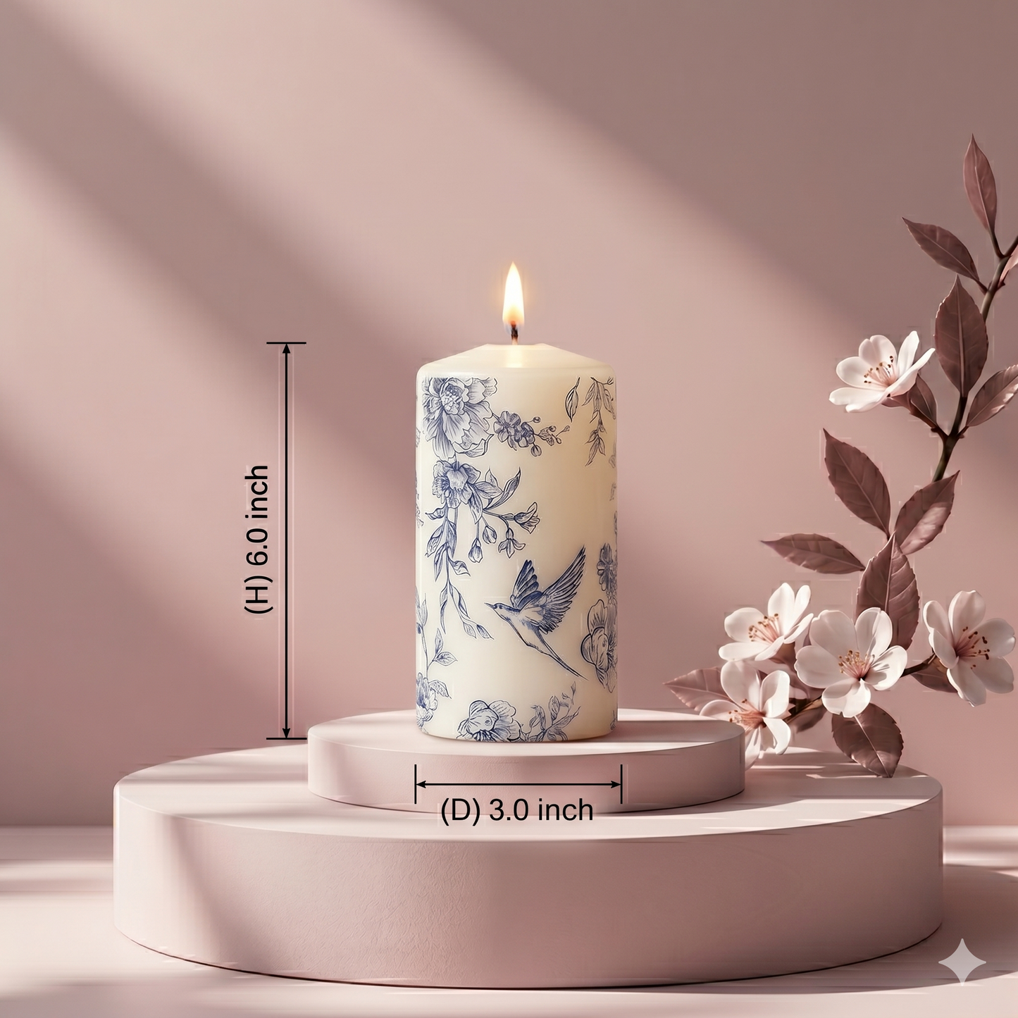 Handmade Vintage Floral Pillar Candle | Chinoiserie Blue Peony & Bird | 3×6 Inch | Unscented