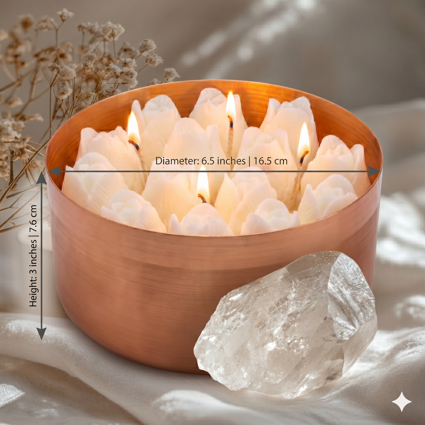 Handmade White Tulip Soy Candle | 40 oz Brushed Rose Gold Vessel | Mahogany Teakwood