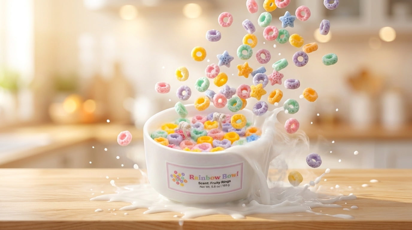 Cup of cereal with colorful cereal pieces being poured into it on a wooden table.