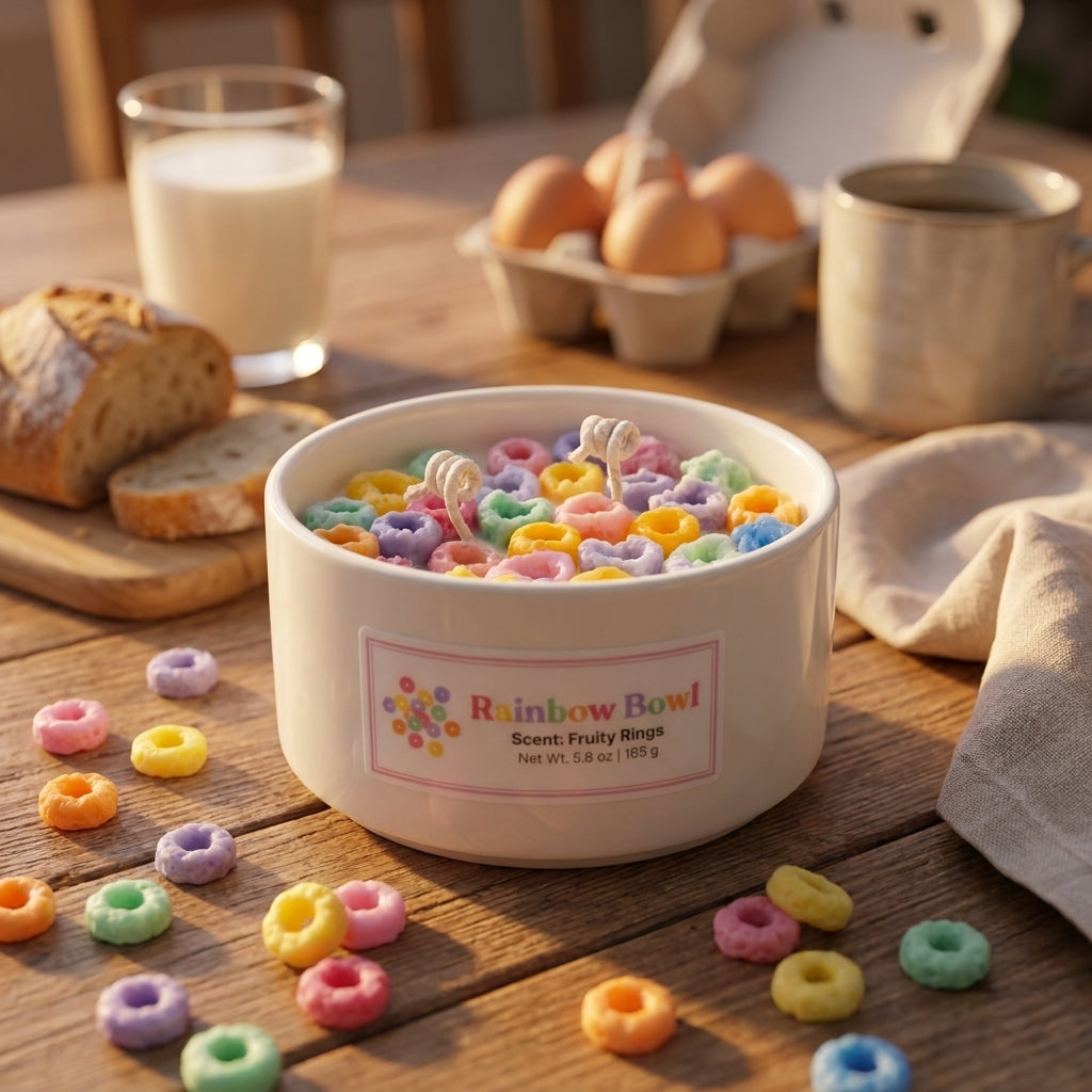 White bowl with colorful cereal labeled 'Rainbow Bowl' on a wooden table with bread and milk.